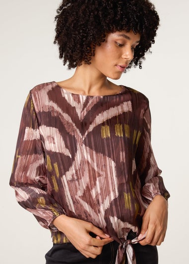 Blue Vanilla Brown Tie Knot Metallic Chiffon Blouse