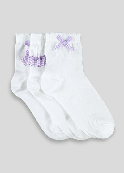 Girls 3 Pack Purple Gingham School Socks (Younger 6-Older 5.5) - Sizes 6 - 8.5