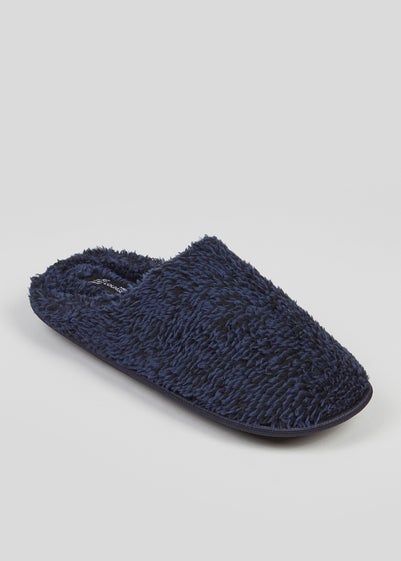 Navy Fluffy Mule Slippers - Size 7 - 8
