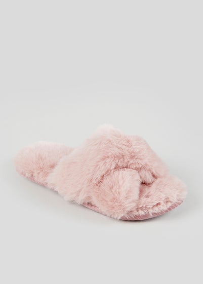 Pink Faux Fur Cross Strap Fluffy Slider Slippers