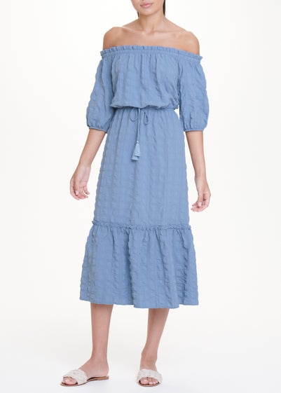 Blue Seersucker Bardot Midi Dress - Size 8