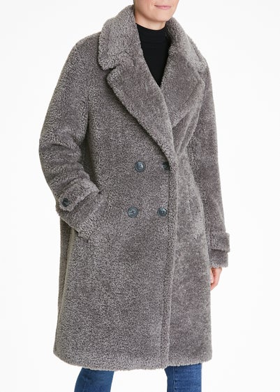 Grey Teddy Fleece Double Breasted Coat - Size 8