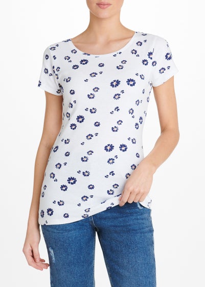White Daisy Print Crew Neck T-Shirt - Size 8