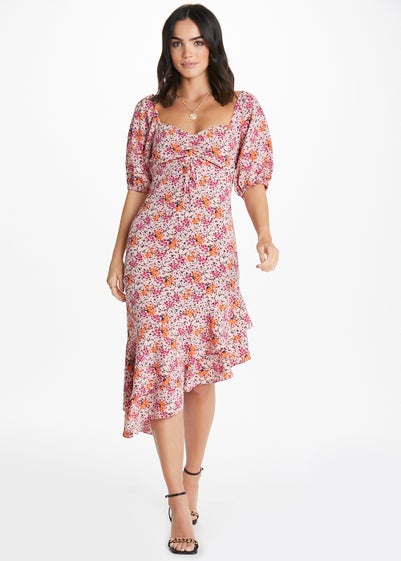 Be Beau Pink Floral Puff Sleeve Midi Dress - Size 6