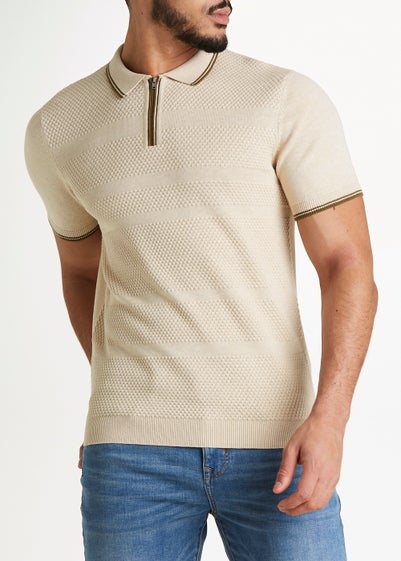 Ecru Stripe Knitted Polo Shirt - Small