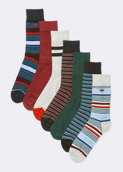 7 Pack Plain & Stripe Print Socks - Sizes 6 - 8.5