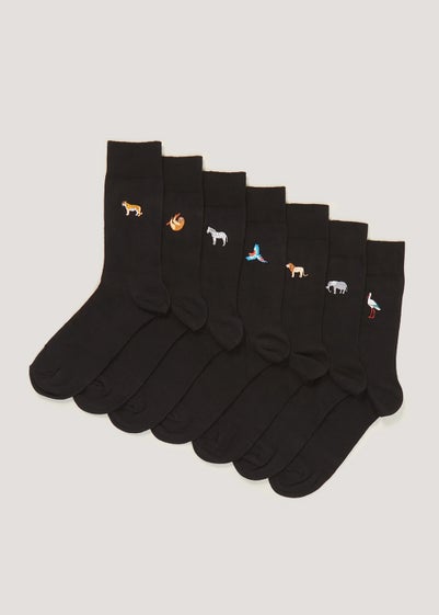 7 Pack Black Embroidered Animal Socks - Sizes 6 - 8.5