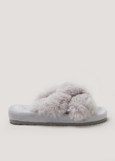 Grey Faux Fur Knot Footbed Slippers - Small