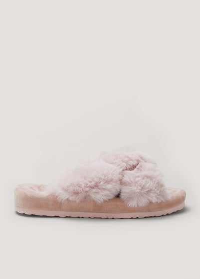 Pink Faux Fur Knot Footbed Slippers - Small
