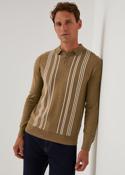 Tan Stripe Long Sleeve Polo Shirt