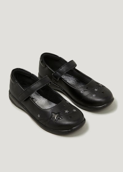 Girls Black Coated Leather Star School Shoes (Younger 8-Older 3) - Size 9 Infants