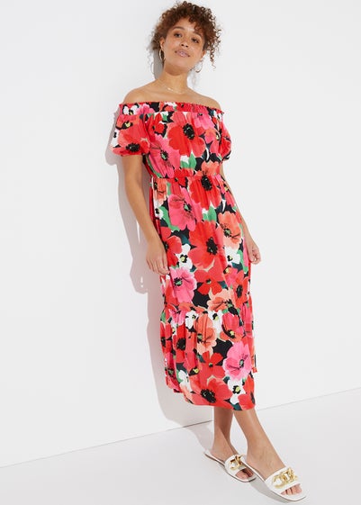 Floral Print Bardot Midi Dress - Size 8