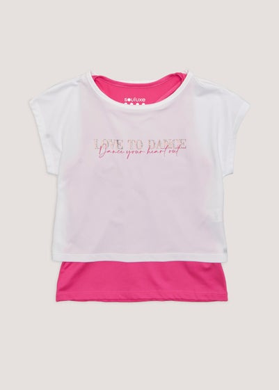 Girls White & Pink 2 in 1 Dance Sports T-Shirt (4-13yrs) - Age 4 - 5 Years