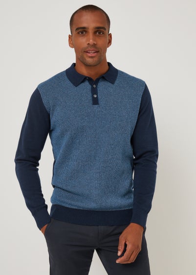 Blue & Navy Long Sleeved Textured Polo Shirt - Small