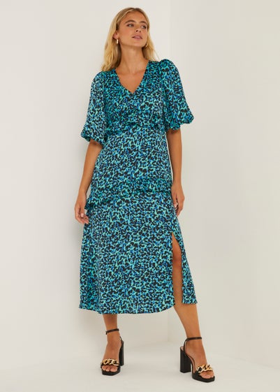 Be Beau Blue Leopard Print Ruffle Midi Dress - Size 6