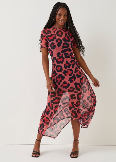 Be Beau Coral Animal Print Mesh Midi Dress