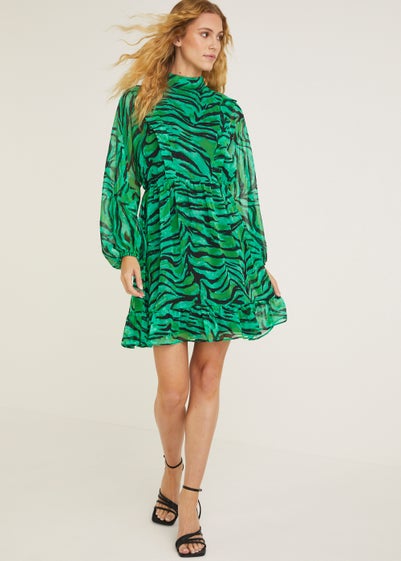 Be Beau Green Zebra Print Pleat Mini Dress