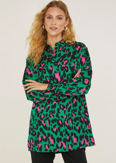 Be Beau Green Leopard Print Satin Shirt