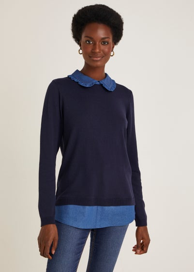 Navy 2 in 1 Chambray Collar Shirt Jumper