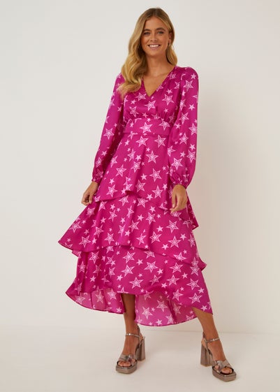 Be Beau Pink Star Print Tiered Midaxi Dress