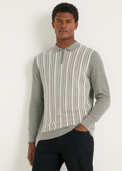 Grey & White Stripe Long Sleeve Polo Shirt