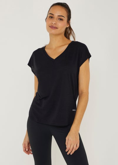Souluxe Black V-Neck Textured Sports T-Shirt - Small