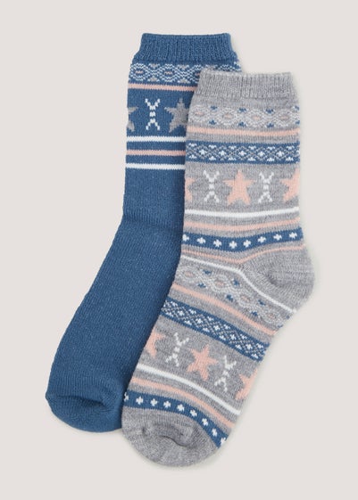 2 Pack Blue & Grey Star Thermal Socks - One Size