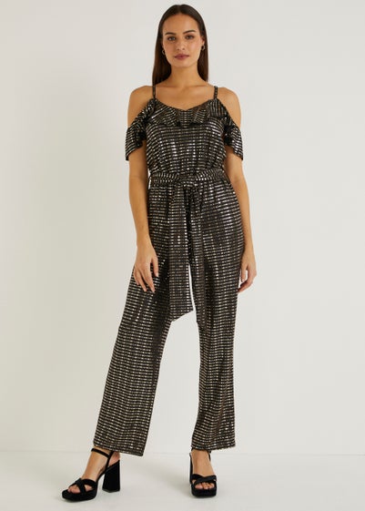 Et Vous Gold Sequin Cold Shoulder Jumpsuit