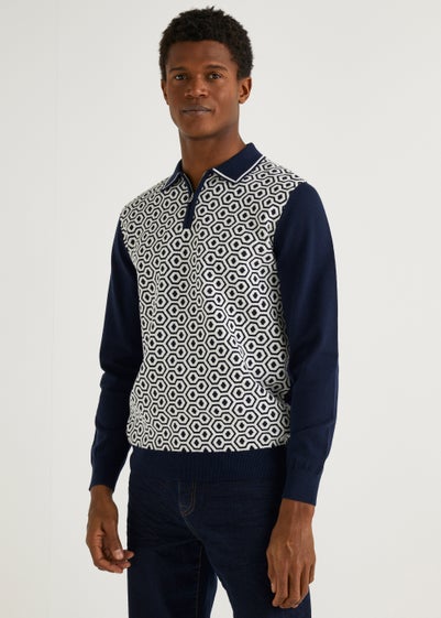 Navy Hexagon Long Sleeve Polo Shirt