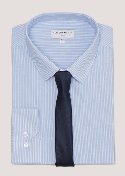 Taylor & Wright Blue Bengal Stripe Slim Fit Shirt & Tie Set - 18 Collar
