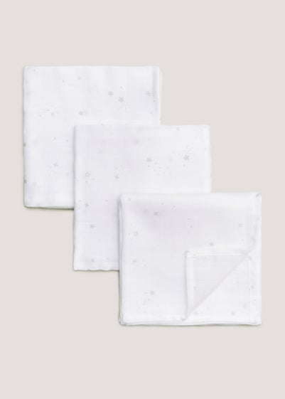 3 Pack White Star Muslin Cloths (73cm x 73cm) - One Size