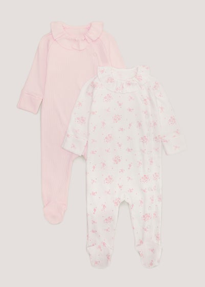 Baby 2 Pack Frill Collar Sleepsuits (Newborn-12mths) - Age 0 - 3 Months