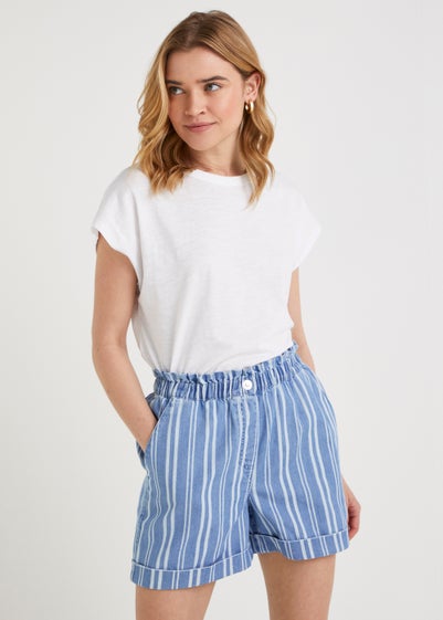 Blue Stripe Denim Paperbag Shorts - Size 8
