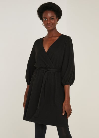 Papaya Petite Black Ribbed Mini Wrap Dress