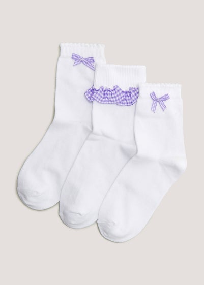 Girls 3 Pack White & Lilac Gingham Socks (Younger 6-Older 5.5) - Sizes 4-5.5
