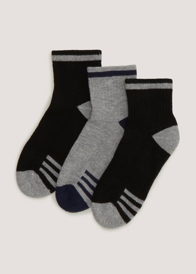 Kids 3 Pack Black & Grey Sports Socks (Younger 6-Older 6.5) - Sizes 6 - 8.5