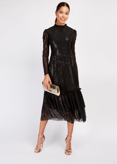 Girls on Film Black Copper Foil Mesh Maxi Dress