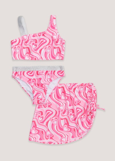 Girls 3 Piece Pink Swirl Bikini & Skirt Set (4-13yrs)