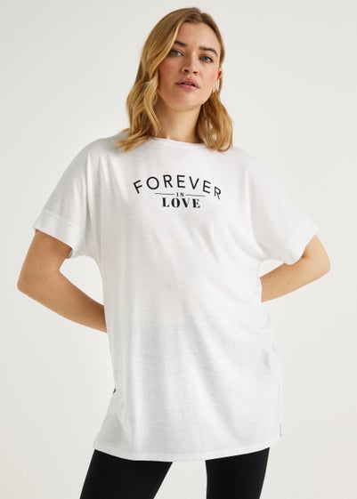 White Forever In Love Slogan Longline T-Shirt - Small