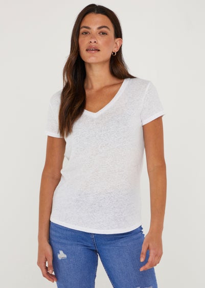 White Linen Blend V-Neck T-Shirt