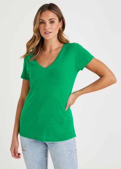 Green Linen Blend V-Neck T-Shirt - Size 8