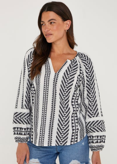 White Aztec V-Neck Blouse