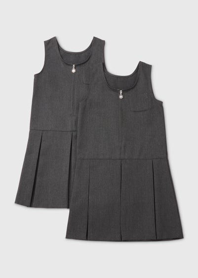 Girls 2 Pack Grey Zip Up Pleated School Pinafores (3-9yrs) - Age 3 Years