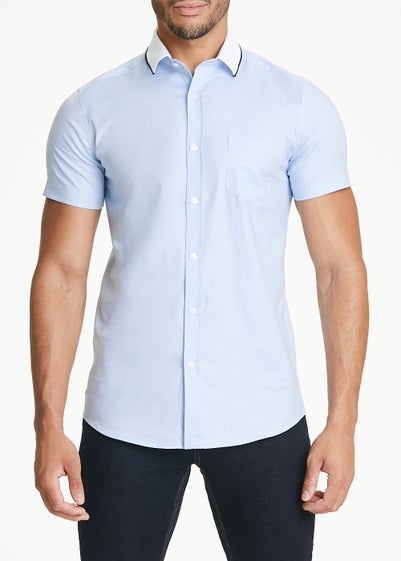 Blue Oxford Knitted Collar Short Sleeve Shirt - Small