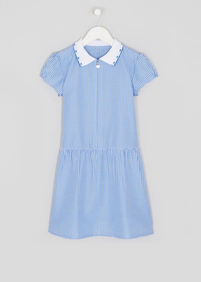 Girls Blue Generous Fit Knitted Collar Gingham School Dress (3-14yrs)