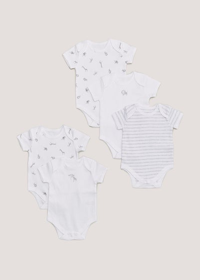 Baby 5 Pack White Safari Bodysuits (Newborn-23mths) - Newborn