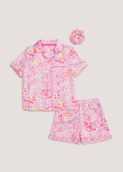 Girls Pink Leopard Satin Button Up Pyjama & Scrunchie Set (4-13yrs) - Age 4 Years