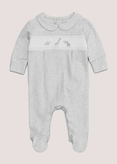 Baby Grey Safari Smocked Sleepsuit (Tiny Baby-12mths) - Newborn