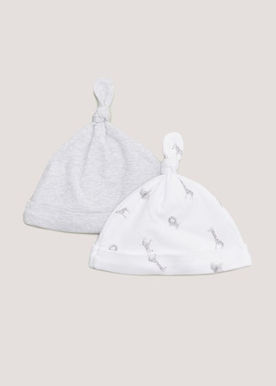 2 Pack White & Grey Safari Animal Baby Hats (Newborn-6mths) - Age 0 - 3 Months