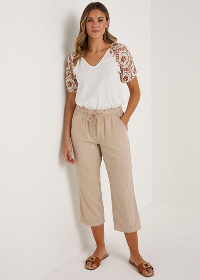 Stone Linen Blend Cropped Trousers